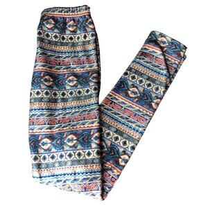 Secret Multi-Color Brocade Print Leggings, Blue, Orange, Red, One Size